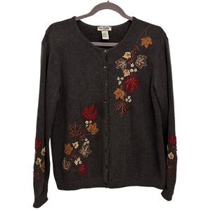 Tiara International Y2K Grey‎ Button Up Cardigan Fall Leaves Embroidered Size M